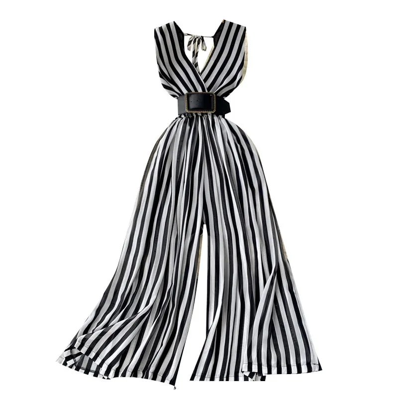 V-neck Chiffon Striped Waist Jumpsuit