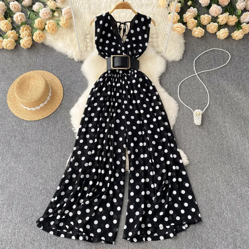 V-neck Chiffon Striped Waist Jumpsuit