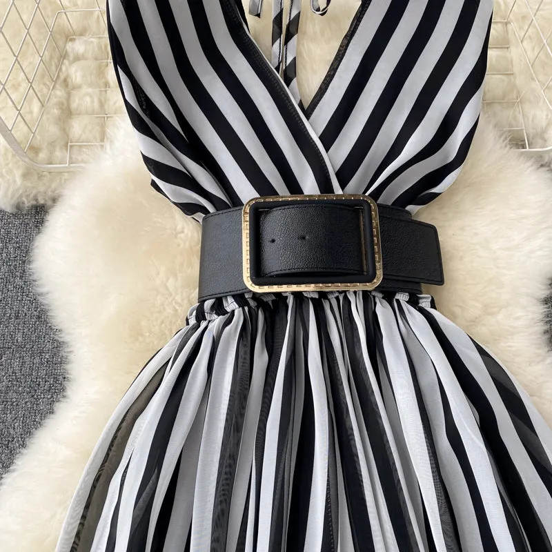 V-neck Chiffon Striped Waist Jumpsuit
