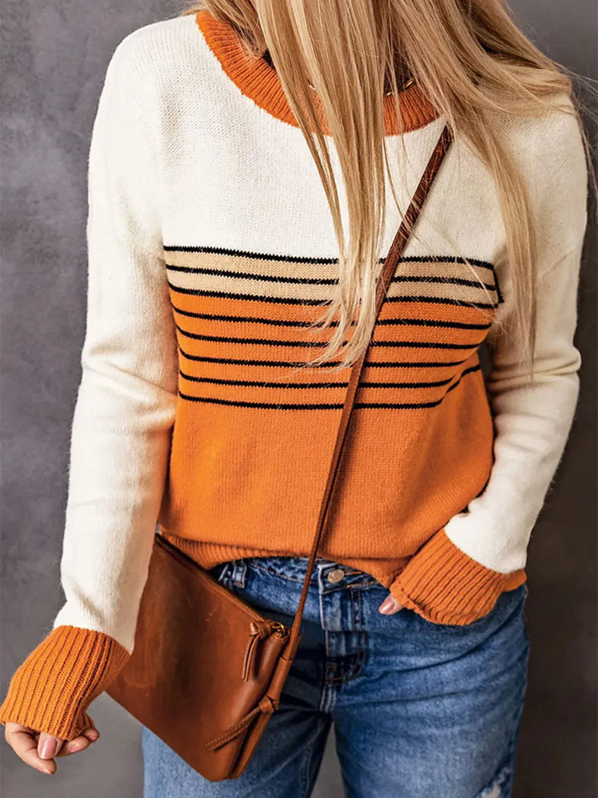 Women's Chic Orange Striped Knitted Jumper | Ideal for Autumn/Winter