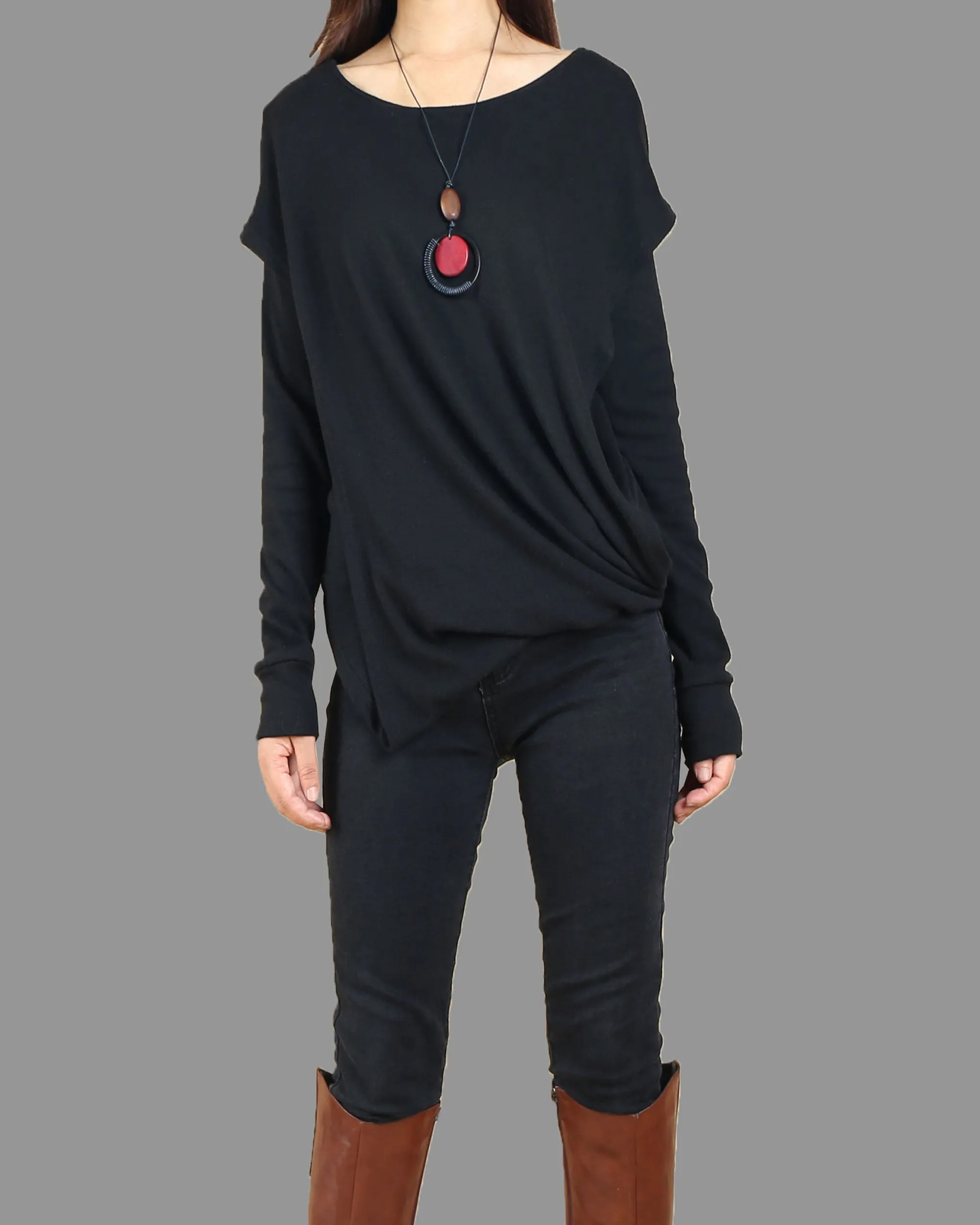 Womens cotton Top/Cotton Hoodie/Oversized Plus size Sweatshirt/Casual Top/Customized T-shirt/Asymmetry clothing/Boho t-shirt/Long Sleeve Shirt(Y3118)