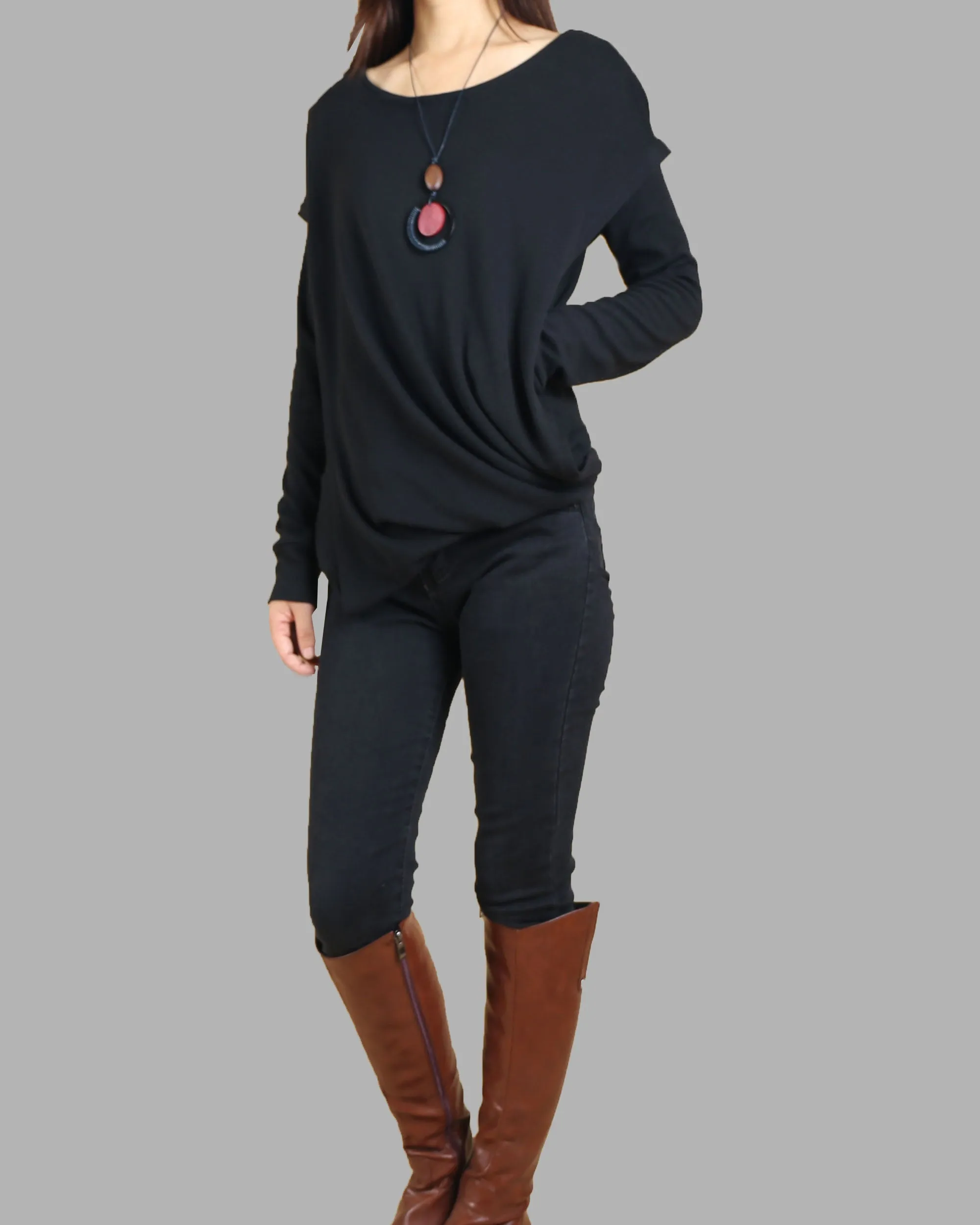 Womens cotton Top/Cotton Hoodie/Oversized Plus size Sweatshirt/Casual Top/Customized T-shirt/Asymmetry clothing/Boho t-shirt/Long Sleeve Shirt(Y3118)