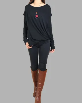 Womens cotton Top/Cotton Hoodie/Oversized Plus size Sweatshirt/Casual Top/Customized T-shirt/Asymmetry clothing/Boho t-shirt/Long Sleeve Shirt(Y3118)