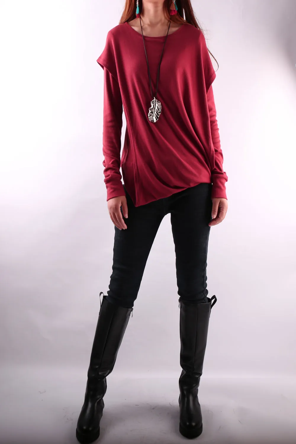 Womens cotton Top/Cotton Hoodie/Oversized Plus size Sweatshirt/Casual Top/Customized T-shirt/Asymmetry clothing/Boho t-shirt/Long Sleeve Shirt(Y3118)