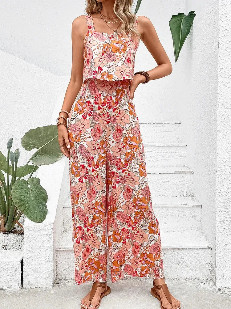 Women's Fashion Designer Wide Leg Jumpsuits Floral Rompers